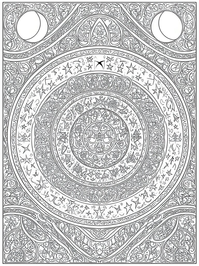 Intricate black-and-white celestial mandala with concentric circles, stars, moons, and ornate patterns.