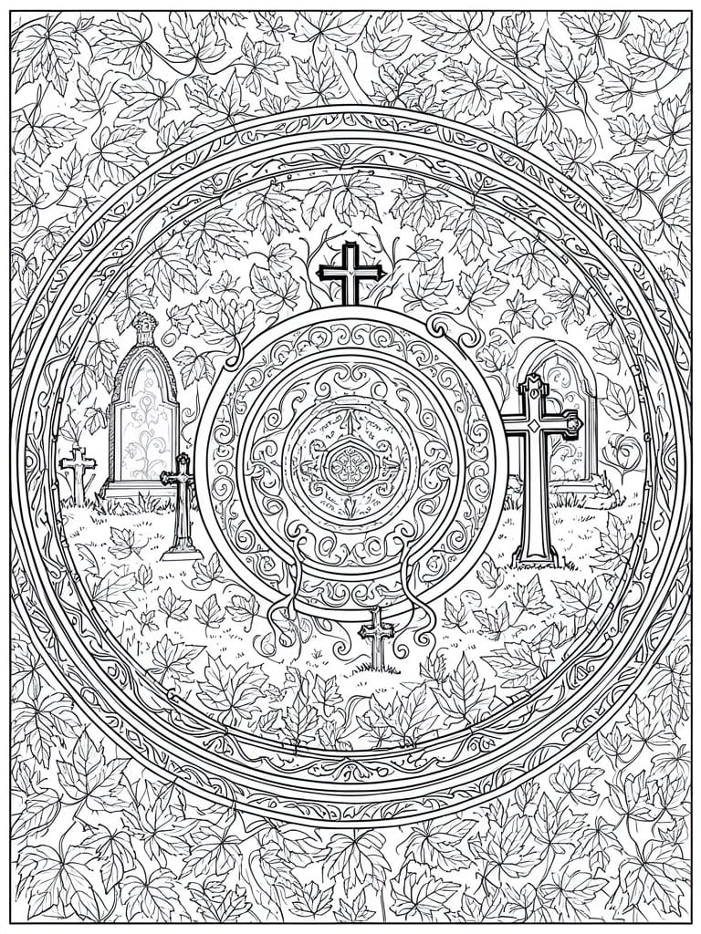 A black and white coloring page showing a circular mandala with gravestones, crosses, and leaf borders.