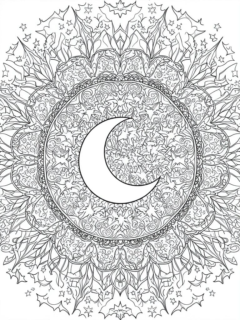 Intricate black-and-white mandala with central crescent moon amid stars and swirling patterns.