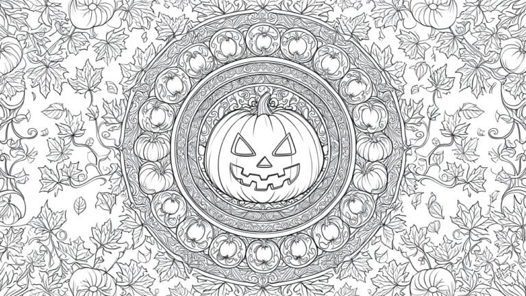 19 Elegant Halloween Mandala Coloring Pages With Intricate Patterns Detailed line art mandala with central jack-o'-lantern amid pumpkins and swirling leaves