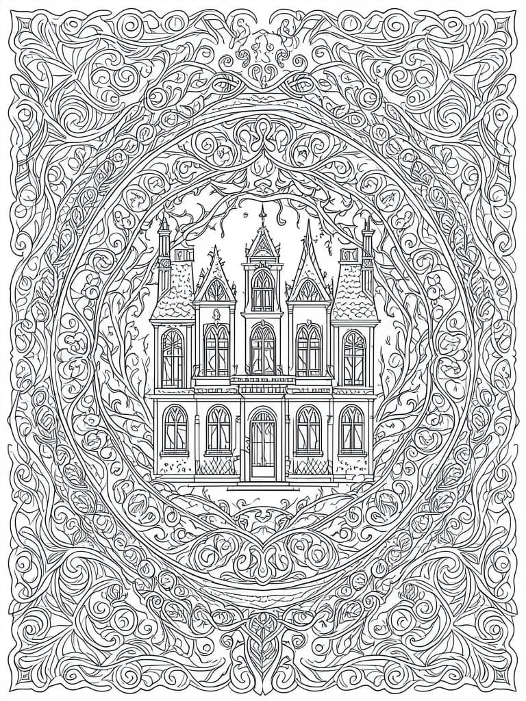 Detailed line art of gothic mansion in ornate swirling circular frame.