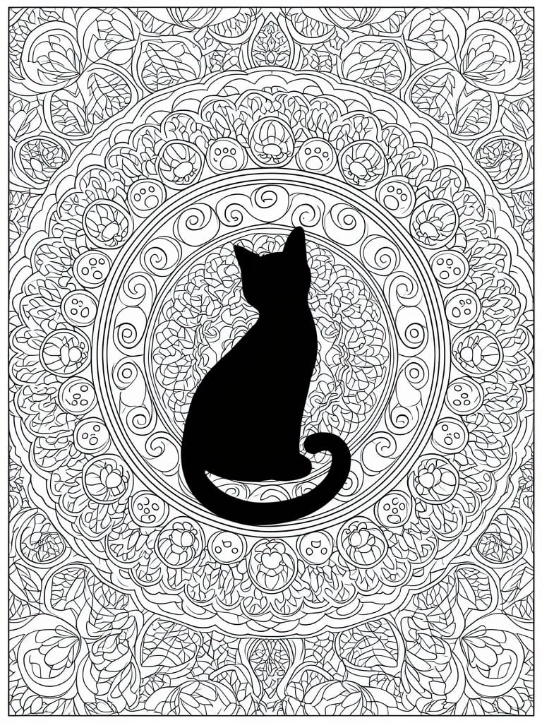 Intricate mandala with floral motifs, paw prints, and swirls around a black cat silhouette