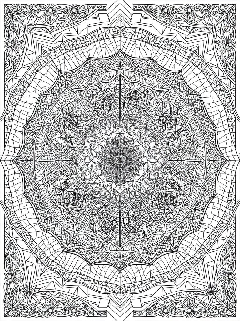 A black and white mandala coloring page featuring spider webs, multiple spiders, and floral borders in a symmetrical circular design.