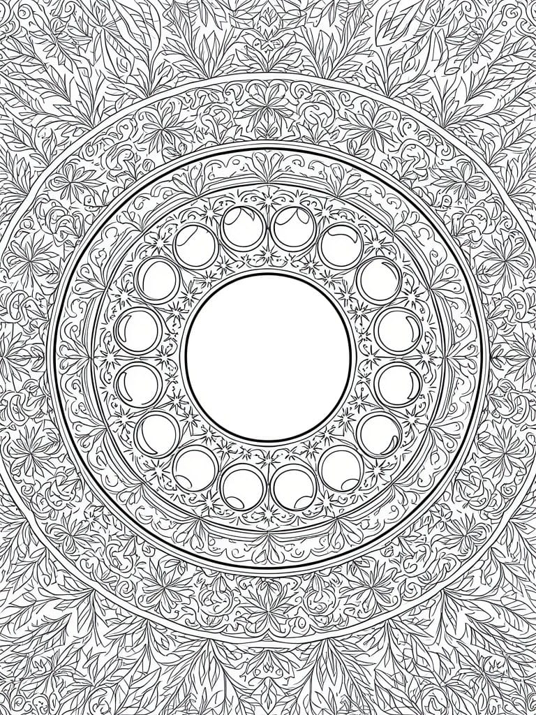 Intricate black and white mandala with floral patterns, concentric circles, and ornate leaf designs