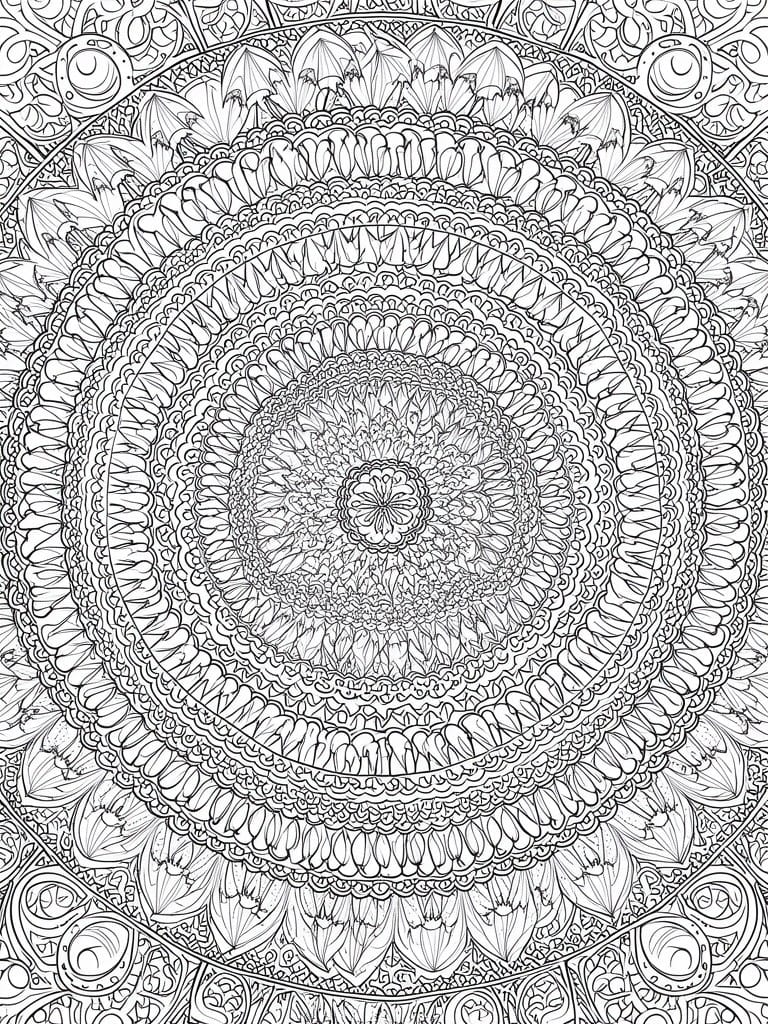 A black and white mandala coloring page with intricate concentric circles of floral and petal patterns.