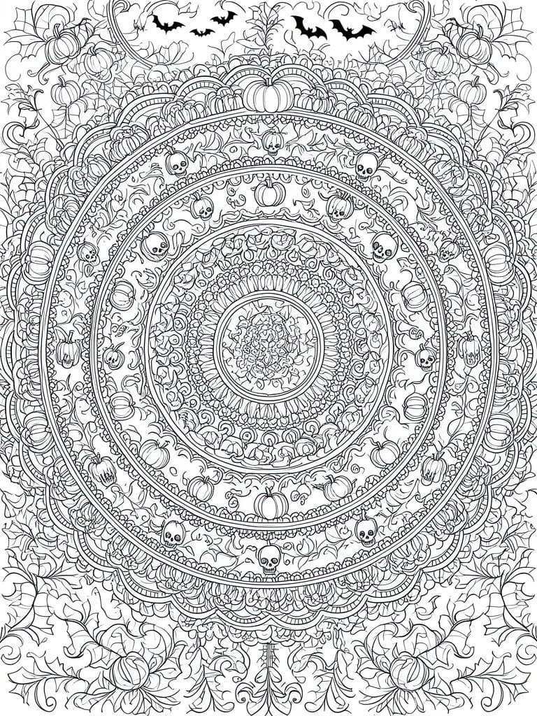 Intricate black-and-white mandala with pumpkins, skulls, bats, and swirling vines.