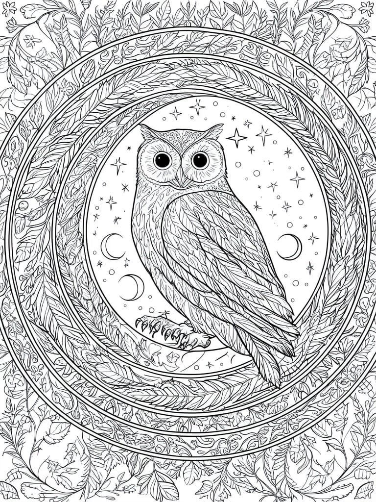 A black and white mandala coloring page with an owl at the center, surrounded by stars, moons, and leafy patterns.