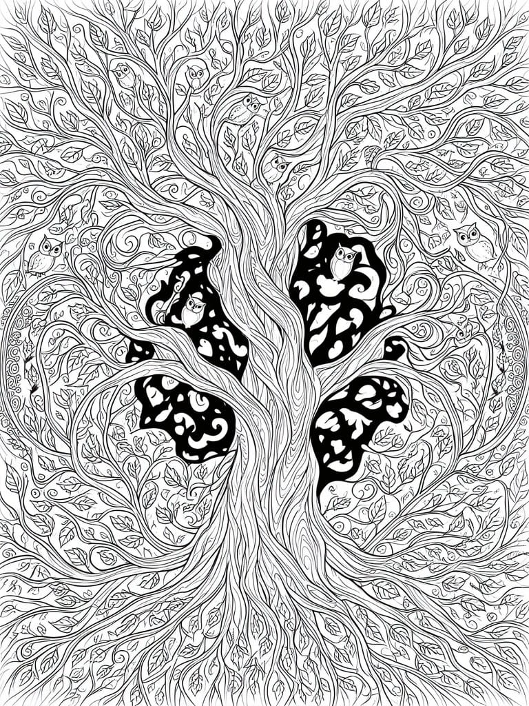 Detailed black-and-white line drawing of a sprawling tree with owls perched among swirling branches and leaves.