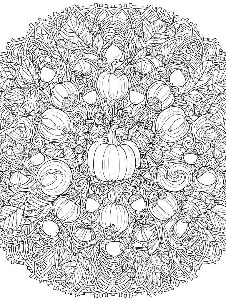 Intricate black-and-white mandala with pumpkins, acorns, and swirling autumn leaves.