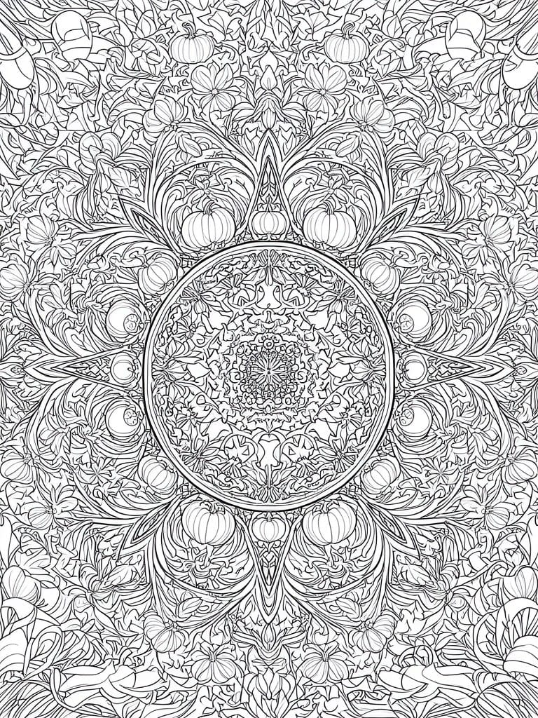 Intricate black-and-white mandala with pumpkins, flowers, and swirling vines.