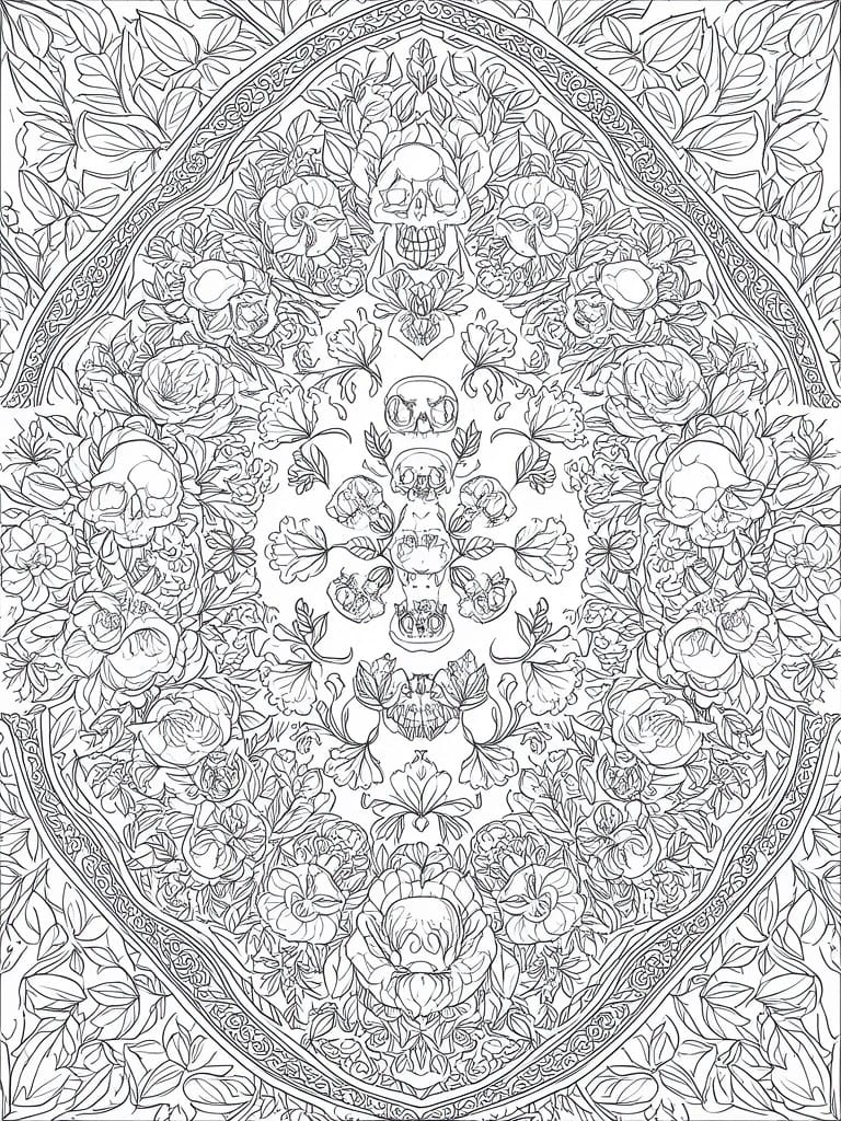 A symmetrical black and white mandala coloring page with skulls arranged vertically in the center and surrounded by roses and leaves.
