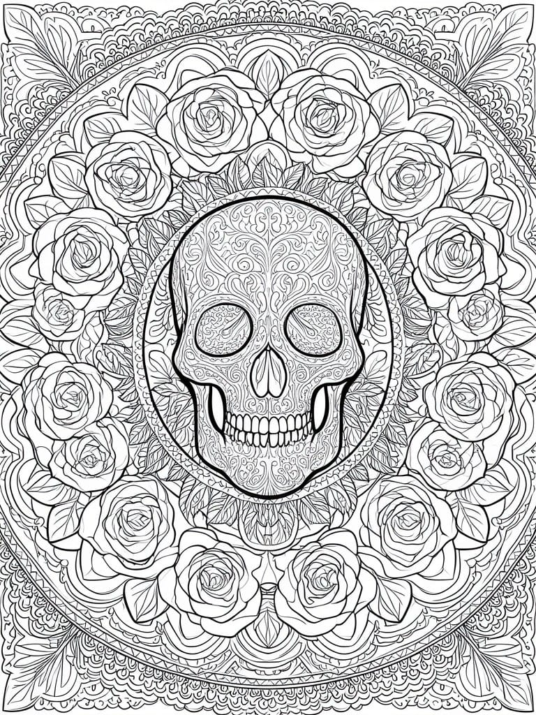 A black and white mandala coloring page with a central skull covered in patterns and surrounded by roses in a circular arrangement.