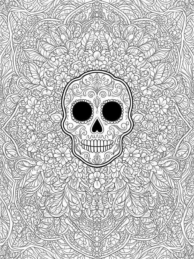 Intricate black and white mandala featuring central decorated sugar skull amid floral patterns