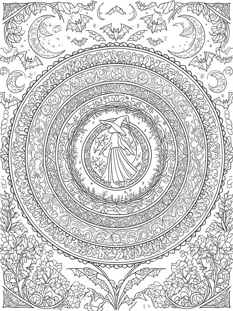 Ornate circular mandala centered on a witch amid bats, moons and vines.