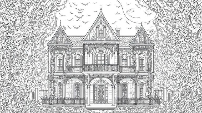 19 Haunting Gothic Halloween Coloring Pages for Sophisticated Seasonal Coloring Detailed line drawing of gothic mansion amid twisted trees, bats, and crescent moon.