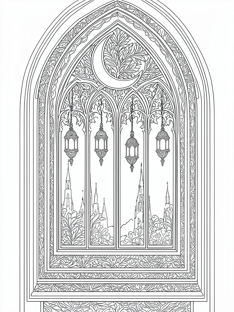 Ornate Gothic arch with four lanterns, crescent moon, and spired cityscape in line art