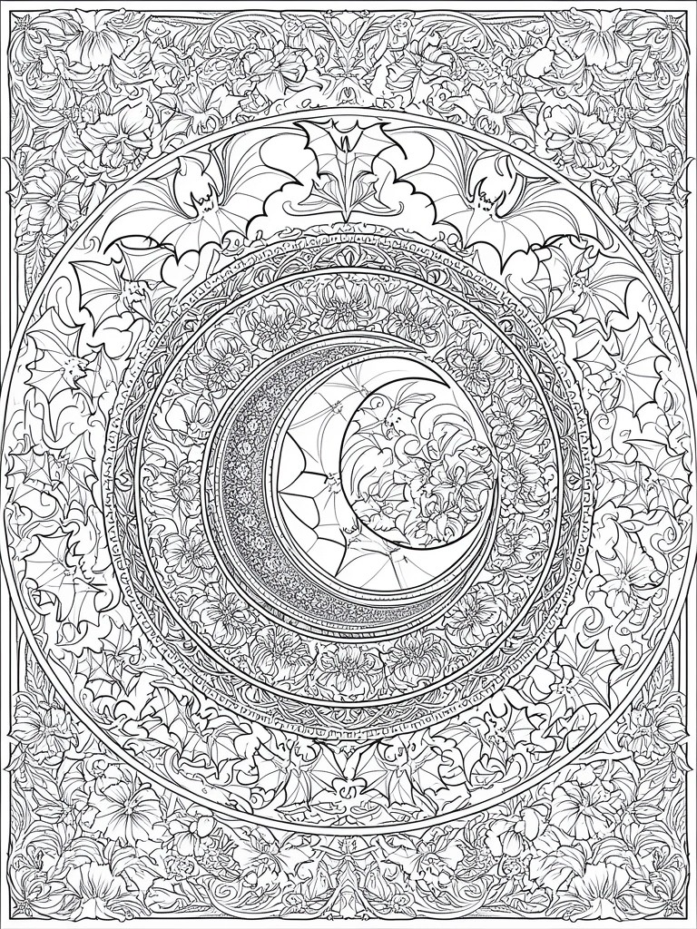 Intricate circular mandala with crescent moon, bats, and floral patterns