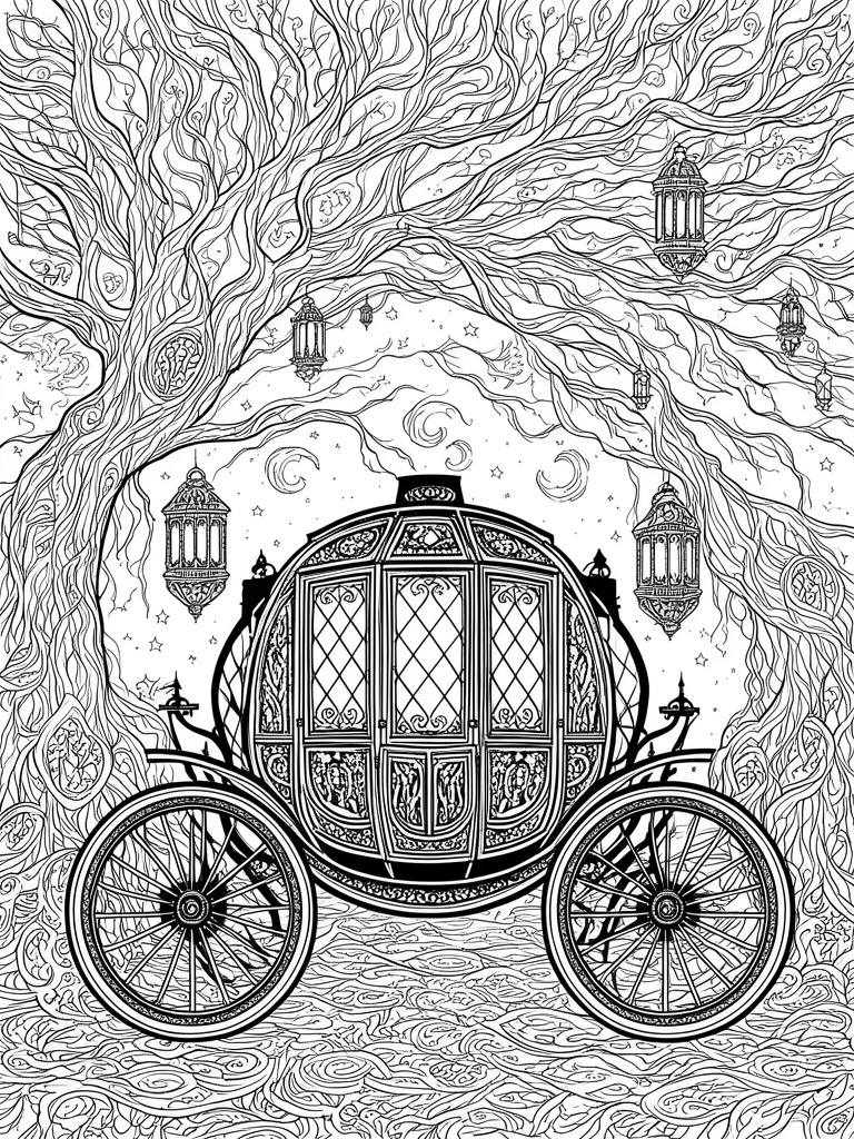 Ornate black-and-white carriage beneath twisted trees with lanterns and stars.