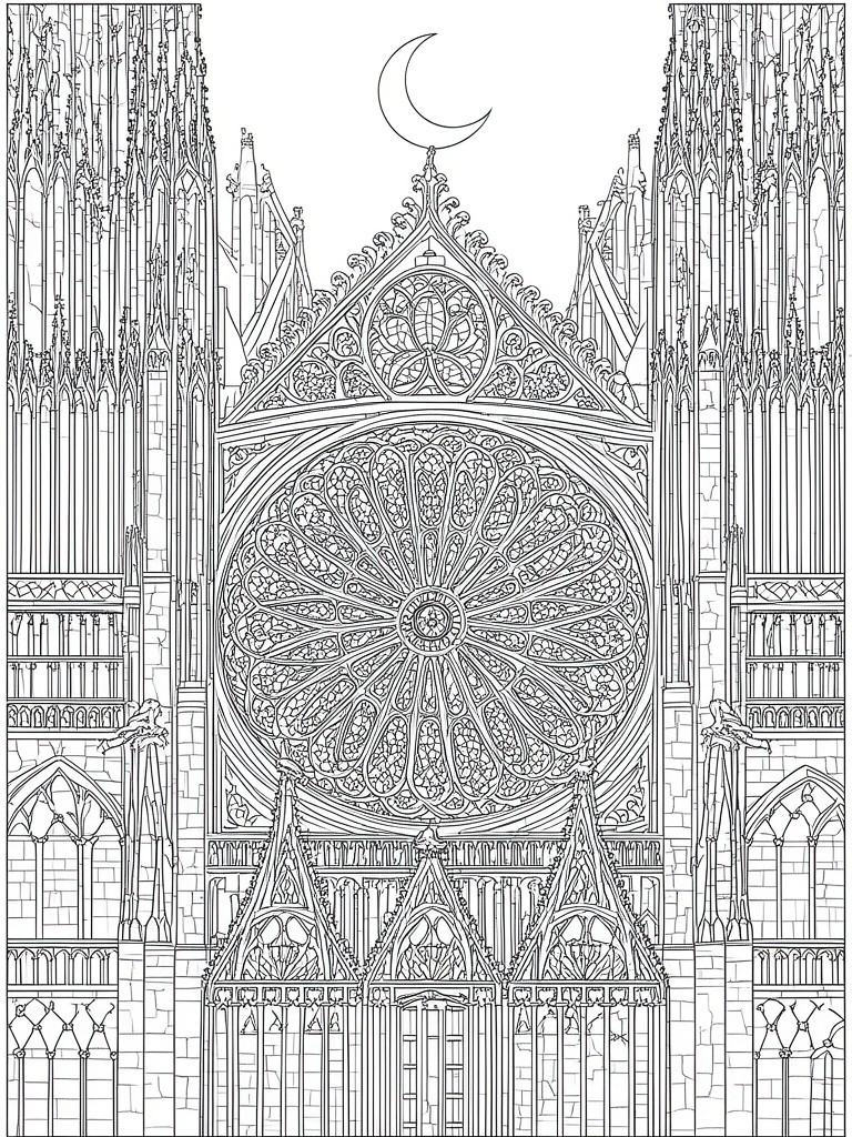 Gothic cathedral facade with ornate rose window, towers, and crescent moon above.