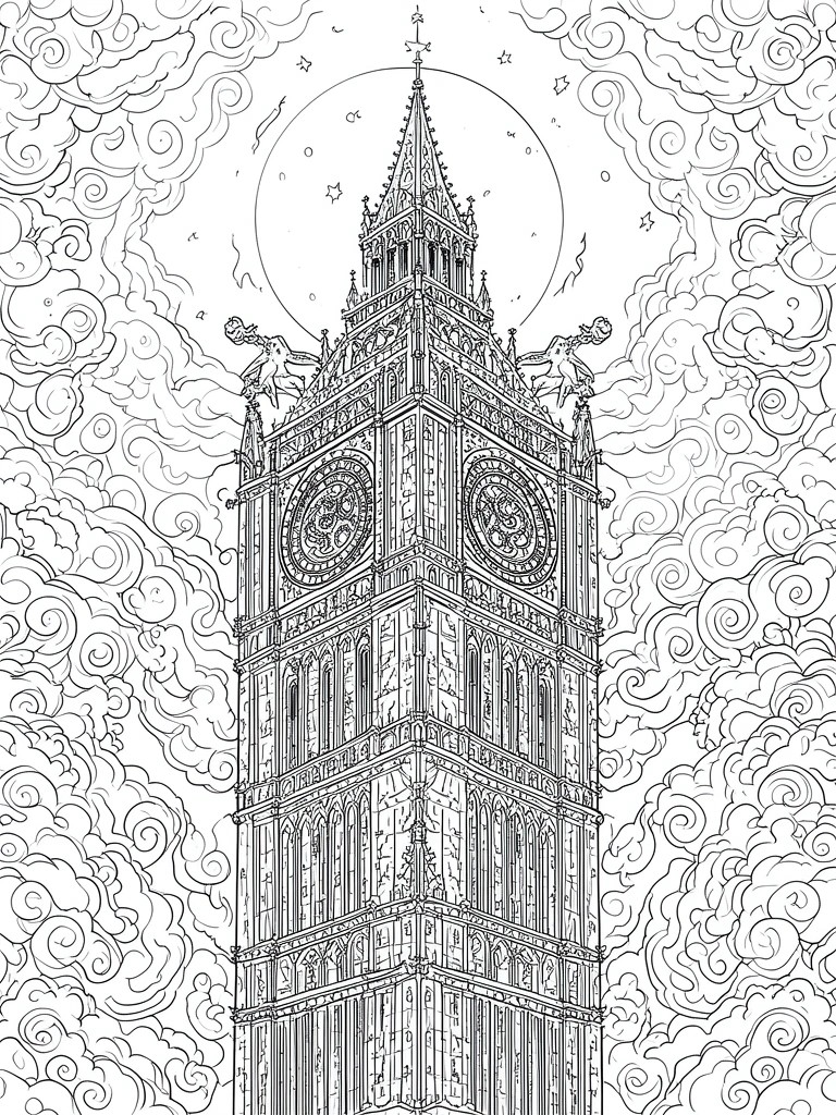 A black and white line drawing of Big Ben clock tower with a full moon, stars, clouds, and winged figures on the upper ledges.