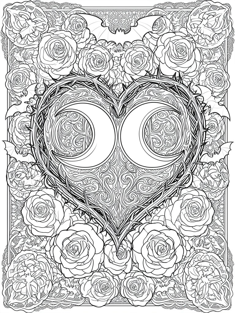 A black and white coloring page shows a thorny heart shape with crescent moon eyes, surrounded by roses and bats.