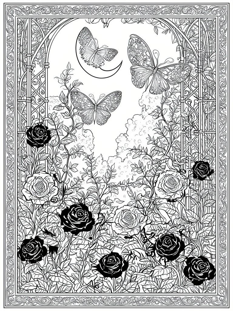 Intricate coloring page showing a moonlit garden with roses, butterflies, Gothic arches, and a crescent moon.