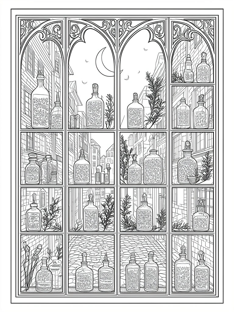 Ornate gothic window panes with bottles, plants, and moonlit cityscape in black-and-white line art.