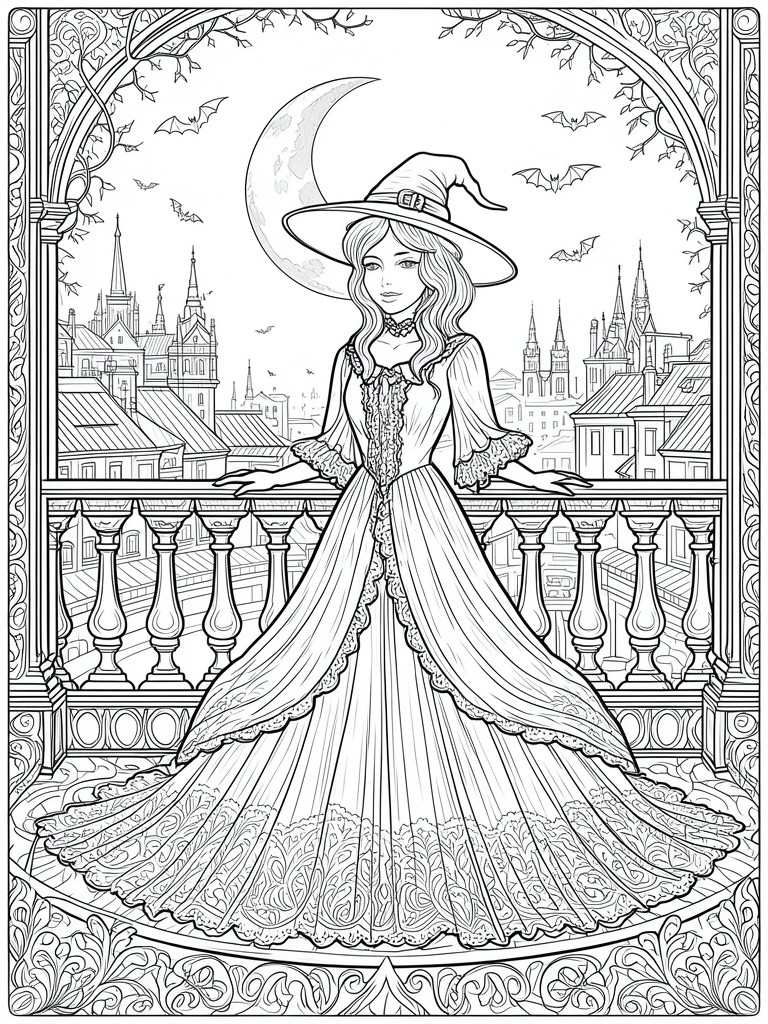 A black and white line drawing of a witch in a long dress on a balcony overlooking a city with a moon and bats overhead.