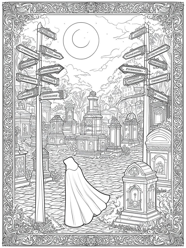 Detailed line art of cloaked figure amid moonlit cemetery signs and ornate tombstones.