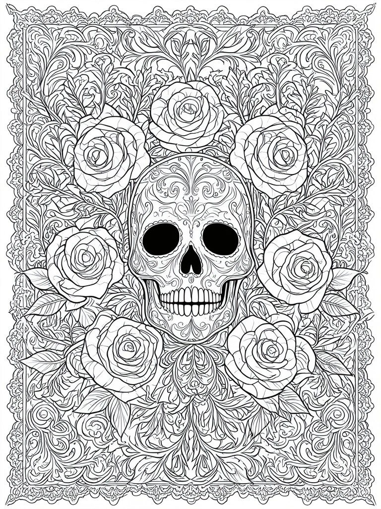 A black and white line drawing of a decorated skull surrounded by roses and ornate patterns in a rectangular frame.