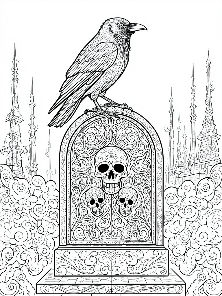 Raven perched on ornate gravestone with skulls amid gothic spires and clouds