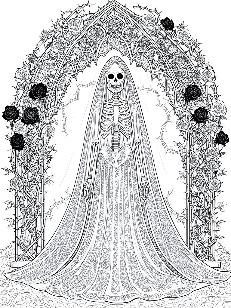 Skeleton bride in flowing patterned gown and veil under thorny rose arch