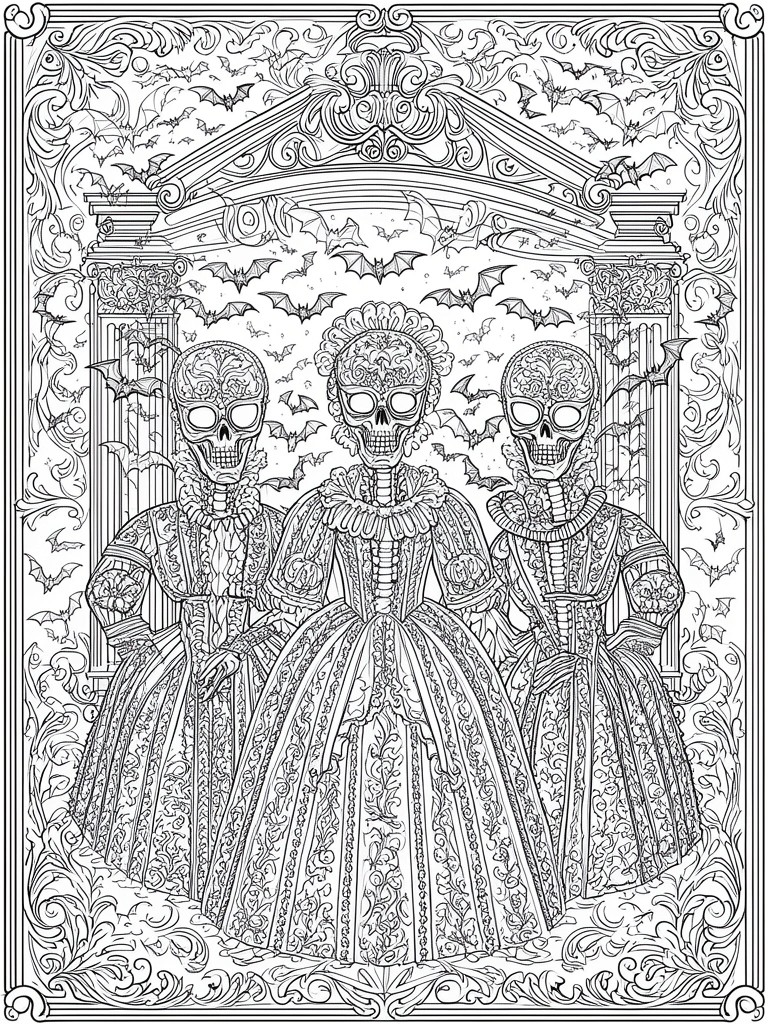 Three skeletons in ornate gowns stand under arches amid flying bats in intricate line art.
