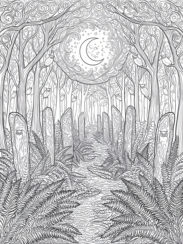 Black and white line art of a forest path lined with tombstones, owls on trees, ferns, and a crescent moon in the sky.
