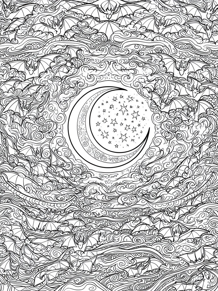 Intricate black-and-white line art of bats circling a starry crescent moon amid swirling clouds.