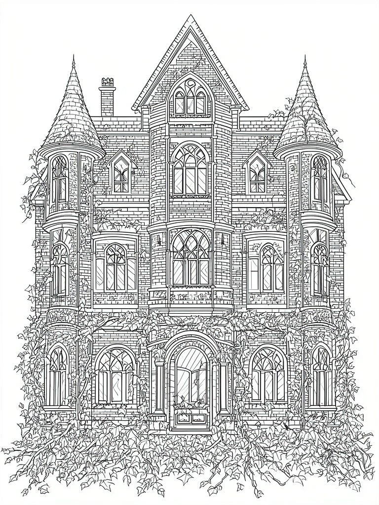 Line art of ornate Victorian mansion with turrets, arched windows, and dense ivy.