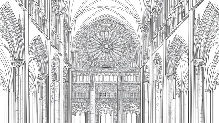 A black and white line drawing of a Gothic cathedral interior with a large rose window, pointed arches, and tall columns.