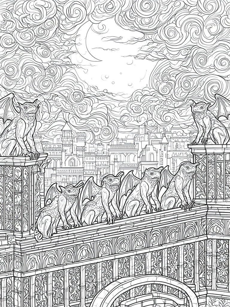 A black and white coloring page showing multiple gargoyles perched on an ornate bridge overlooking a city with swirling clouds and a moon.