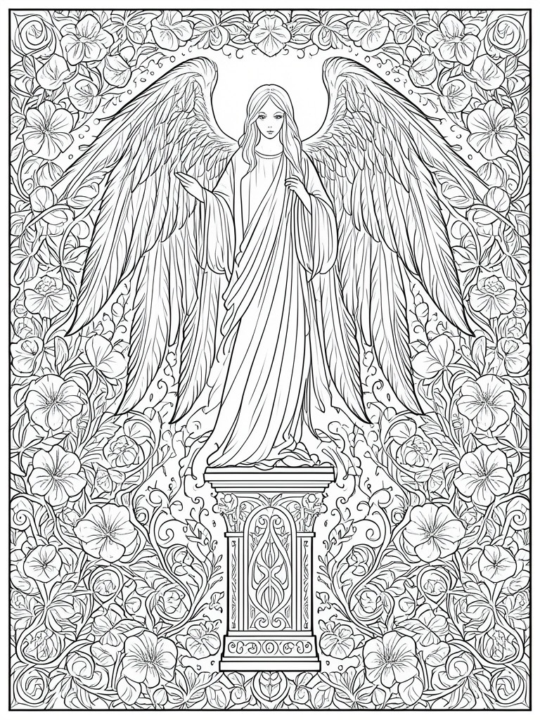 A black and white line drawing of an angel with large wings standing on an ornate pedestal surrounded by flowers and vines.
