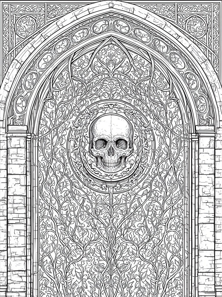 Gothic arch filled with vines framing a central human skull in line art.