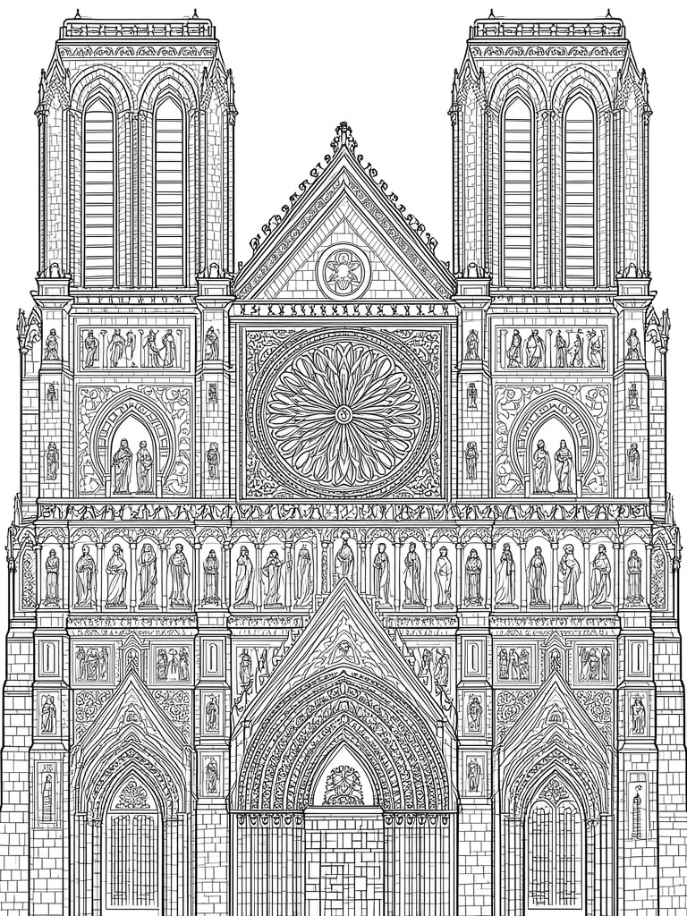 Ornate Gothic cathedral facade line drawing with rose window, statues and twin towers.