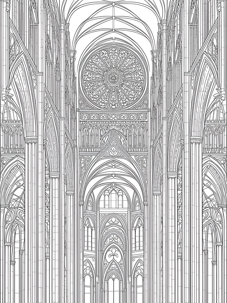 A black and white line drawing of a Gothic cathedral interior with a large rose window, pointed arches, and tall columns.