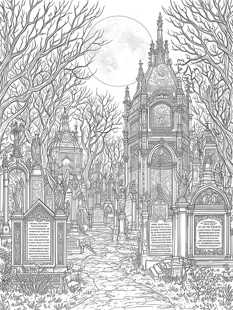 A detailed line drawing of a gothic cemetery path lined with angel statues and ornate tombs under a full moon.