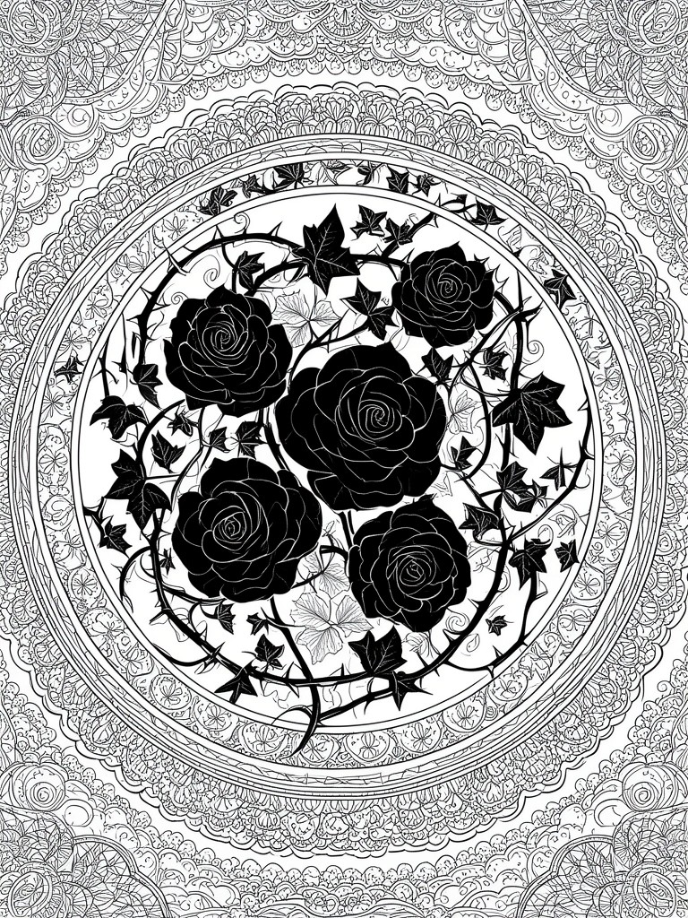 A circular coloring page featuring black roses and thorny vines in the center with ornate mandala-style borders around the edge.