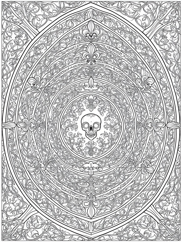 A black and white line drawing of a detailed circular mandala with a central skull, fleur-de-lis symbols, vines, and smaller skulls arranged in concentric rings inside a square frame.