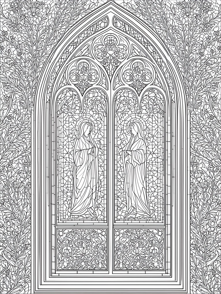 Gothic arched stained glass window with two haloed robed figures and floral borders