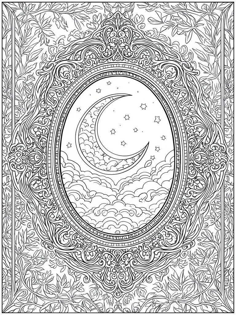 Ornate oval frame with crescent moon, stars, and clouds amid intricate floral vines