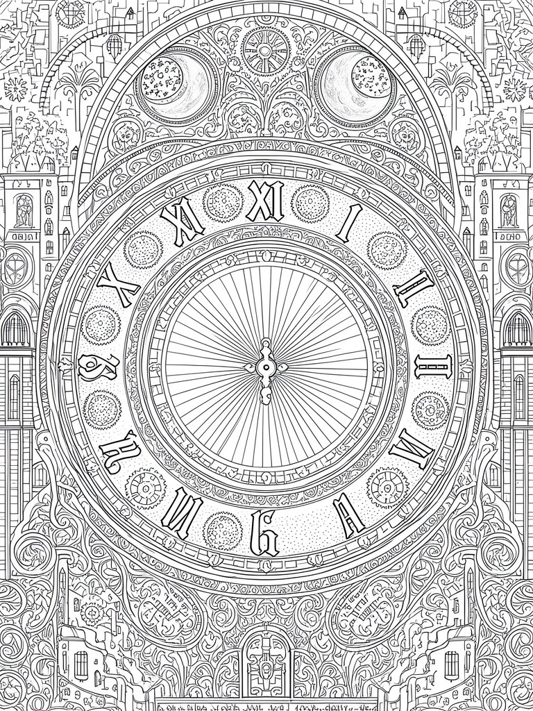 Ornate clock face with Roman numerals in intricate black-and-white line art