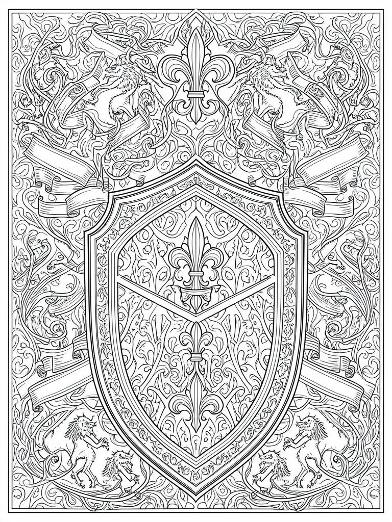 Ornate heraldic shield with four lions, fleur-de-lis, and swirling banners.