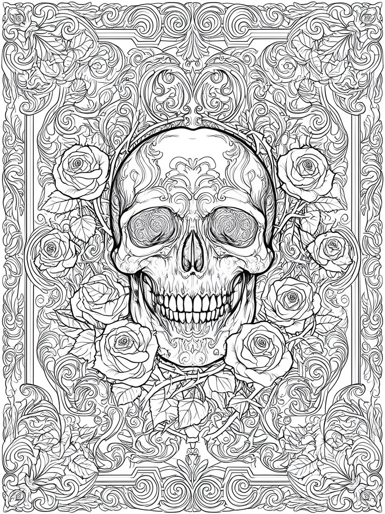 Black and white line art of a patterned skull centered among roses inside an ornate rectangular frame.